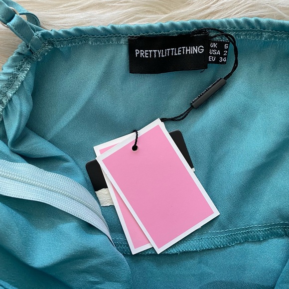 PrettyLittleThing Teal Light Blue Satin Sleeveless Corset Ruched Bodycon Dress - Picture 10 of 12